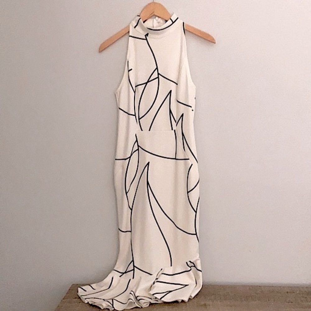 NWOT Geometric Print White Ruffle Bottom Dress, S